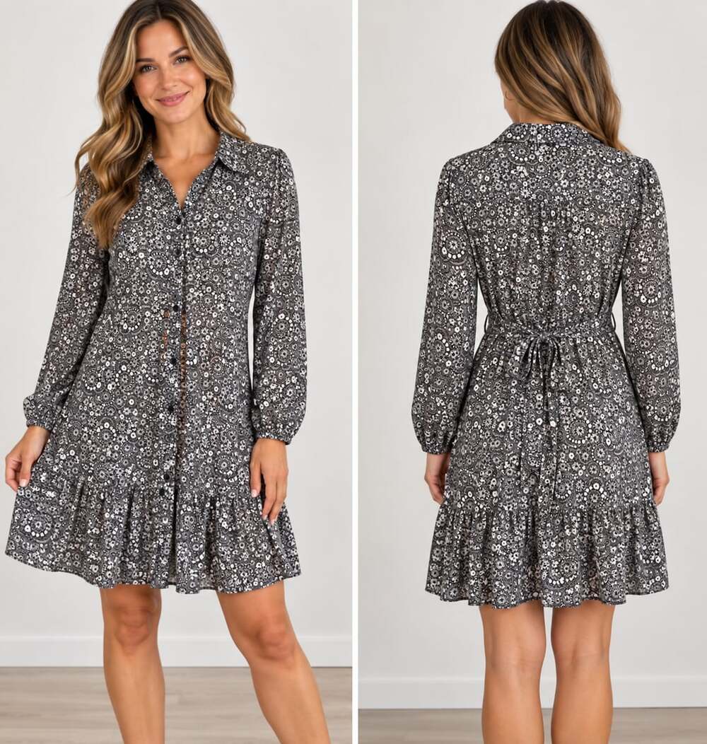 Boden Long Sleeve Flippy Mini Dress US 6L Black White Dotty Daisy